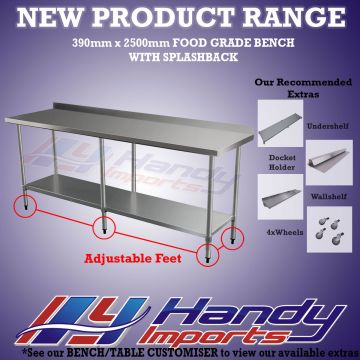 2500X390mm Stainless Steel Food Grade Bench W/ Splash Back