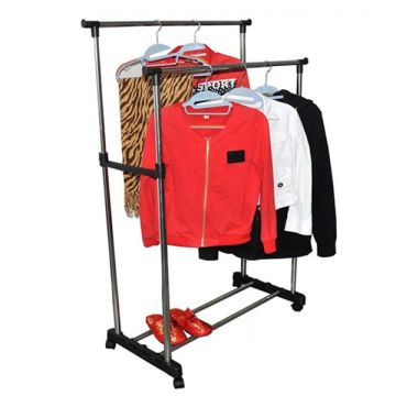Stainless Steel Portable Adjustable Double Pole Clothes Rack Hanger Wheels