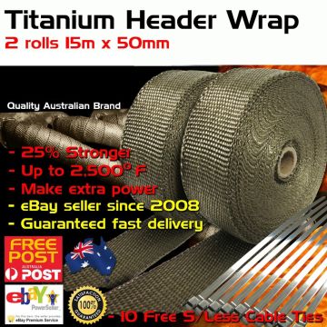 2Pcs Tan Exhaust Heat Wrap Titanium Fibre 15M (L) X 50mm (W) + 12 X Zip Ties