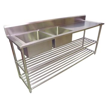 2200 X 600mm Commercial Double Bowl Left Kitchen Sink S/Steel 2Xundershelves