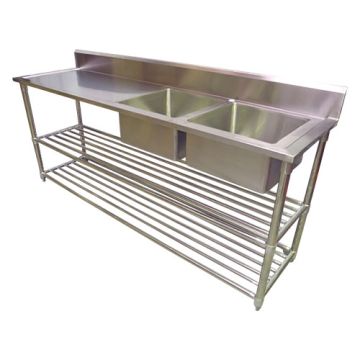 2200 X 600mm Commercial Double Bowl Right Kitchen Sink S/Steel 2Xundershelves