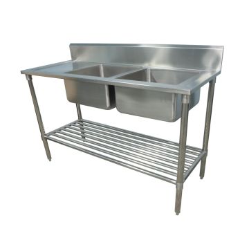 2200 X 600mm Double Bowl Right Kitchen Sink S/Steel W/ Wheels 1Xundershelves