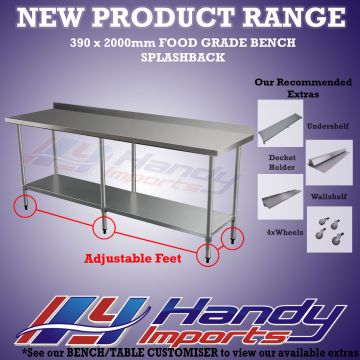 2000 X 390mm Stainless Steel #304 Bench W/ Splash Back