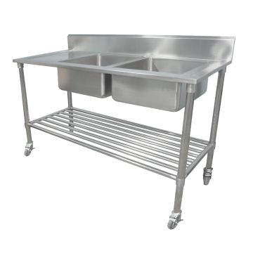 1900 X 600mm Portable Commercial Double Bowl Kitchen Sink S/Steel Wheels Castors