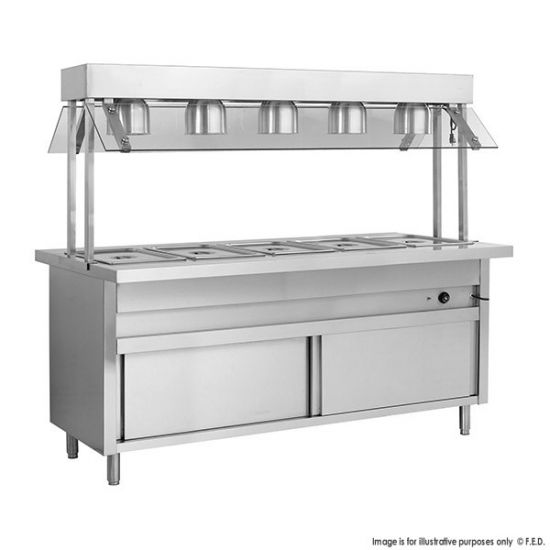 BSL5H Heated Five Pan Servery Bain Marie With Top Lamp Warmers And Storage Cabinet